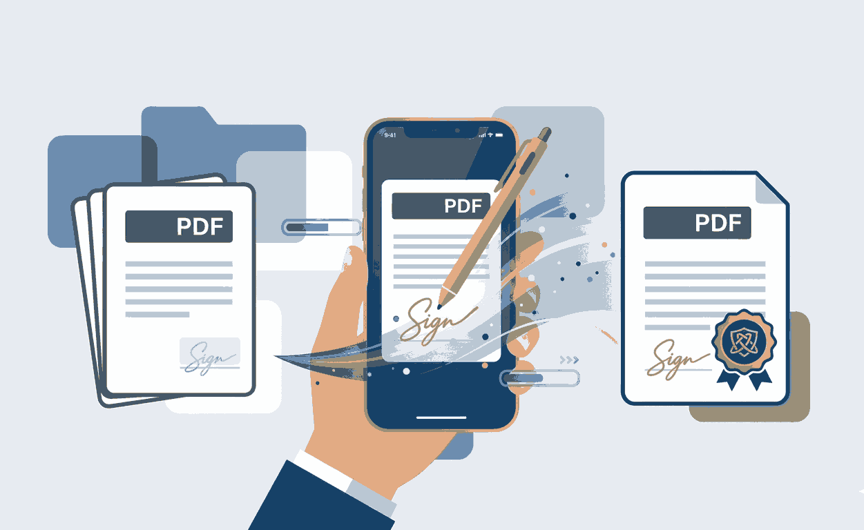 Person using an iPhone and iPad to add a digital signature to a PDF document online