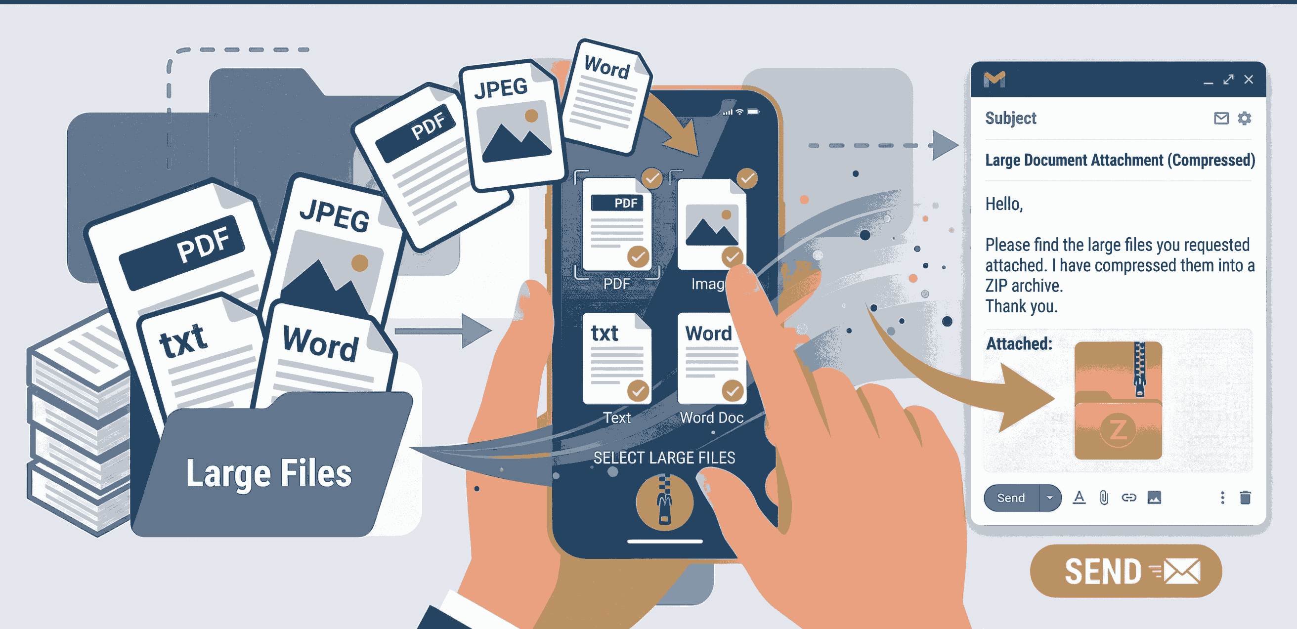 Compressing and zipping large files securely to bypass email attachment limits