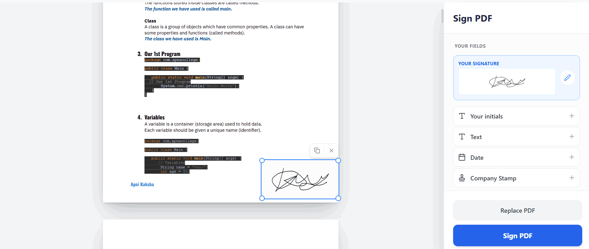 Interface showing local PDF signature placement without server uploads